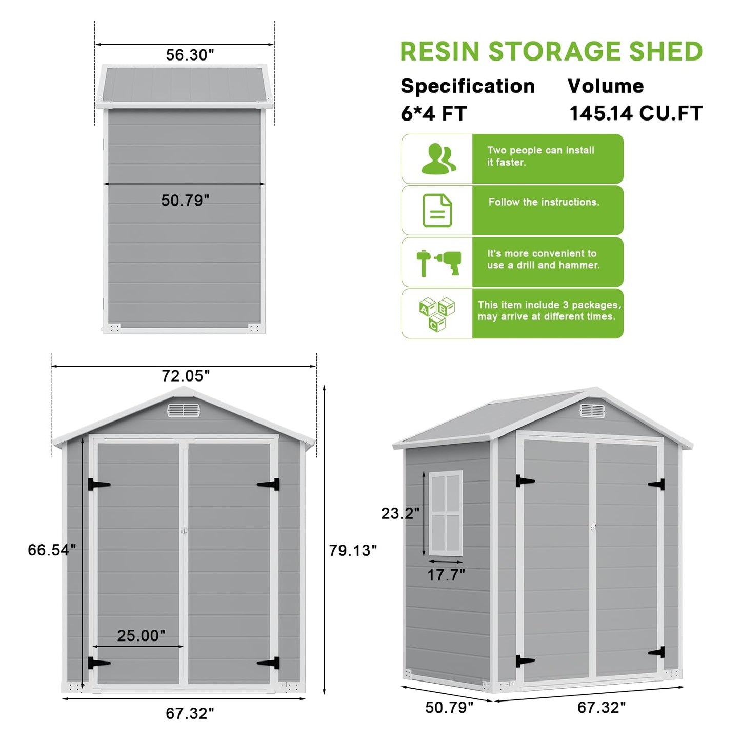AIRAJ 6x4 FT Outdoor Storage Shed,Resin Storage Shed with Floor/Window/Vent/Roof Rainwater Drainage/Lockable Door,All-Weather Plastic Garden Sheds,for Yard,Garden,Poolside,Lawn Mower,Seasonal Items