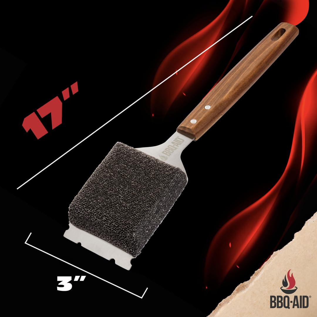 BBQ-AID Bristle Free Grill Brush and Scraper for Barbecue - Extended Large Wooden Handle with Replaceable Head - No Scratch BBQ Cleaning Accessories for Outdoor Grills