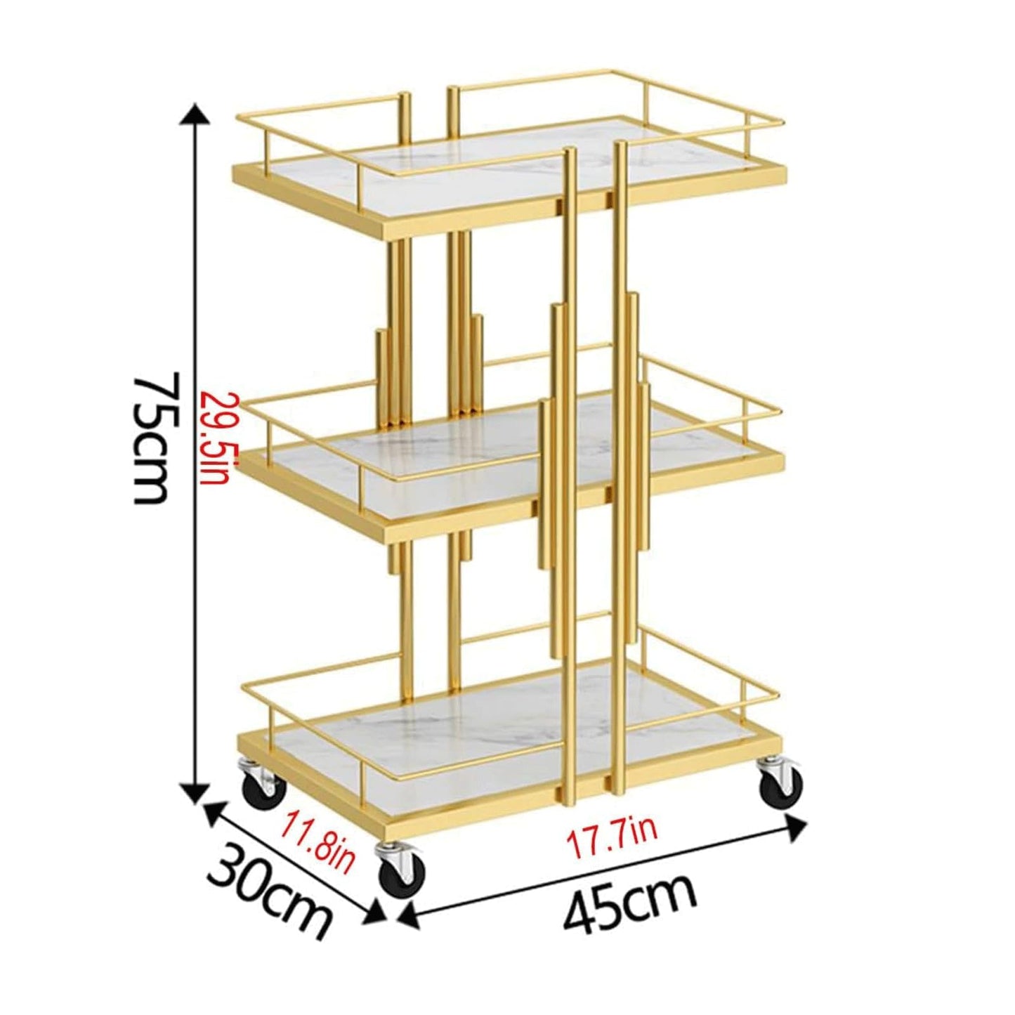 POCHY Bar Carts 3-Tier Utility Carts Metal Frame Serving Cart Imitation Marble Rolling Cart with Wheels Drink Cart Storage Cart