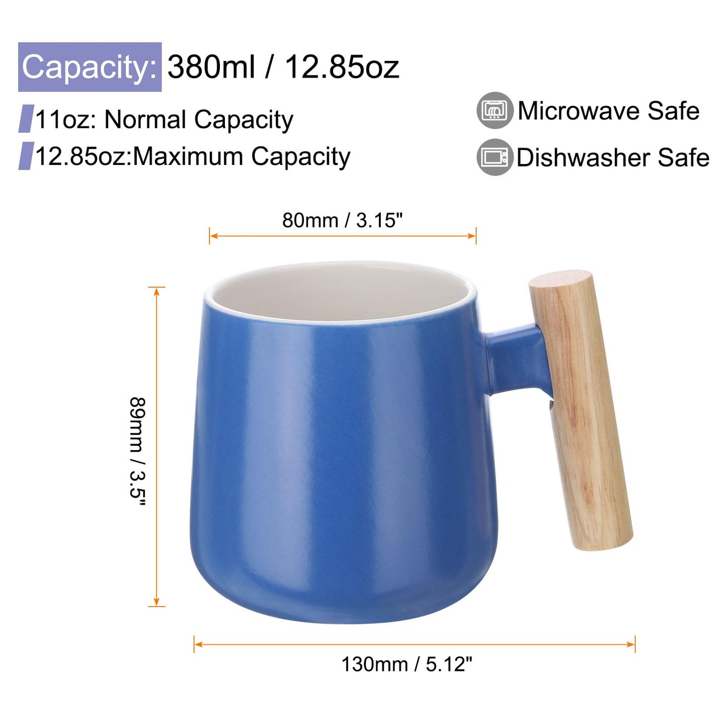 HARFINGTON Ceramic Coffee Mug 12.85 Oz Simple Wooden Handle Large Tea Cup Handmade Ceramic Mugs Gift Set with Lid and Spoon for Office Kitchen Home and Gifts for Women and Men, Blue