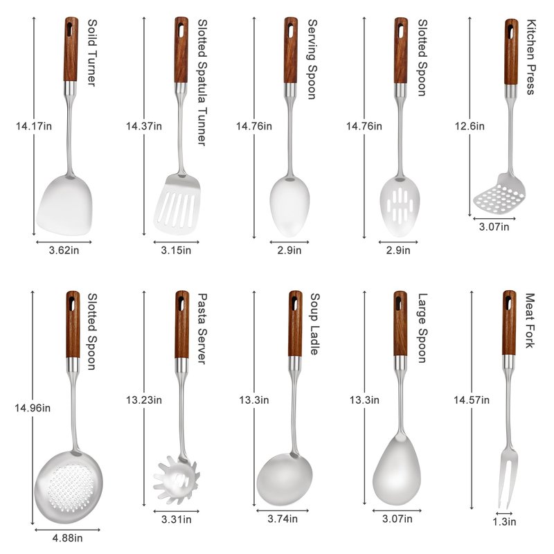 304 Stainless Steel Cooking Utensils Set with Wood Handle,10 Piece Metal Kitchen Utensils Dishwasher Safe Heat Resistant Serving Utensil Wok Tools (13-14in)
