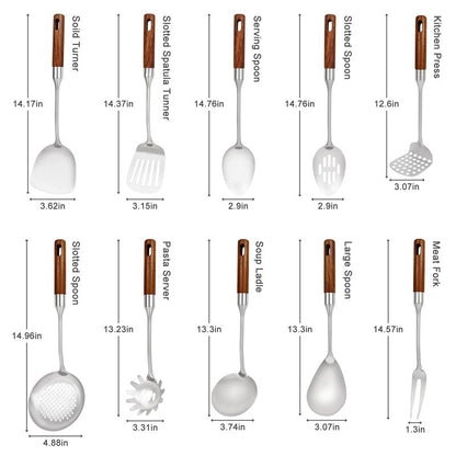 304 Stainless Steel Cooking Utensils Set with Wood Handle,10 Piece Metal Kitchen Utensils Dishwasher Safe Heat Resistant Serving Utensil Wok Tools (13-14in)