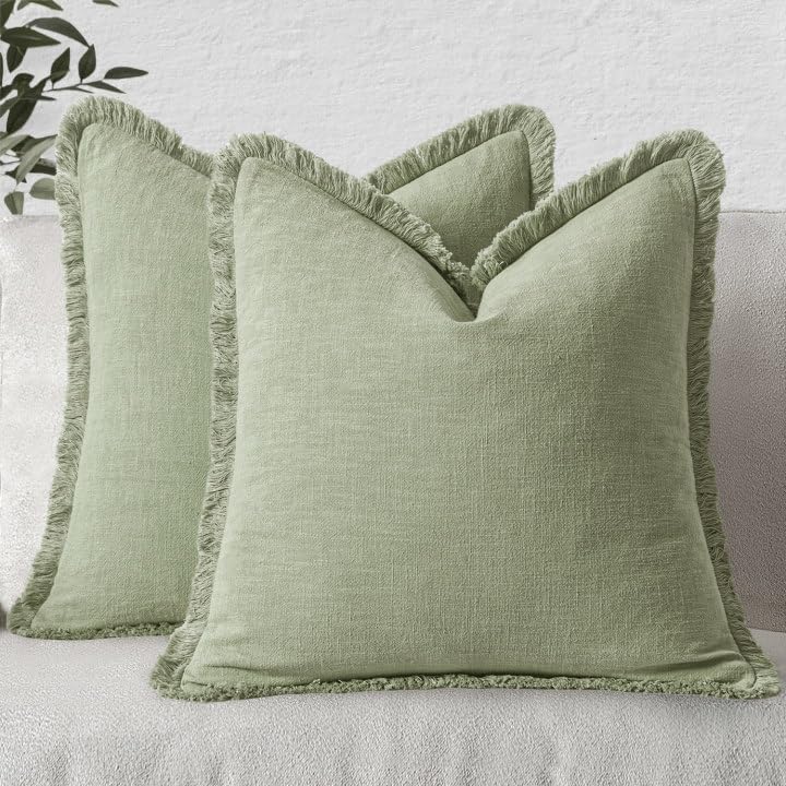 MIULEE Christmas Decorative Throw Pillow Covers Neutral Linen Fringe Fall Throw Pillows Set of 2 Natural Beige Boho Farmhouse Cushion Covers with Tassels for Couch Sofa Bed Home Decor 20x20 Inch