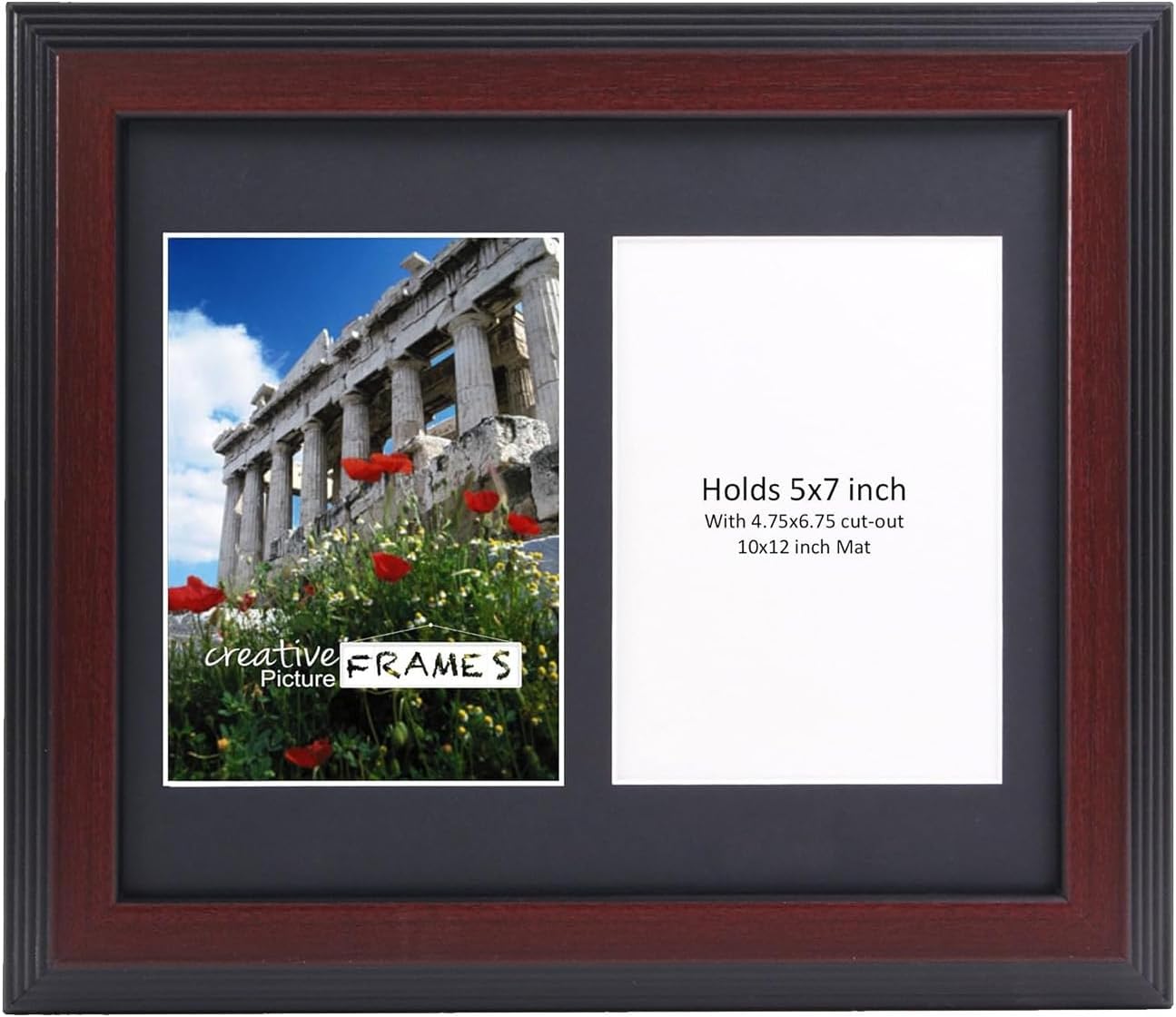 Creative Picture Frames 2 Opening Mahogany Frame with Glass for 5x7 Inch Photos, Includes 10x12-Inch Black Mat