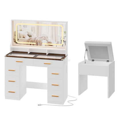 GAOMON Makeup Vanity Desk with Large Lighted Mirror, Vanity Desk with Glass Tabletop, 8 Drawers & 3 Storage Shelves, Vanity Set with Built-in Power Outlet for Bedroom & Dressing Area, White & Rustic