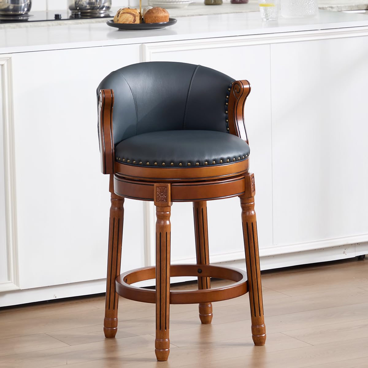 GDFStudio Cow Top Leather Wooden Bar Stool with Backrest, 360 Degree Swivel Counter Height Bar Stool, Upholstered Solid Wood Rustic Farmhouse Bar Chair for Kitchen Island Home Bar Dining, New Blue 26"
