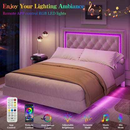 Garvee Floating Bed Frame Queen Size with Smart Led Lights, Upholstered Platform Bed with Diamond Headboard, Solid Wood Slats Support, No Box Spring Needed, Noise-Free, Easy Assembly, White