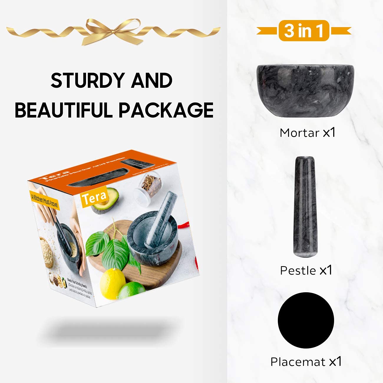 Tera Marble Mortar and Pestle Set Small Bowl Solid Stone Grinder Spice Herb Grinder Pill Crusher (Black, Diameter 4.64")