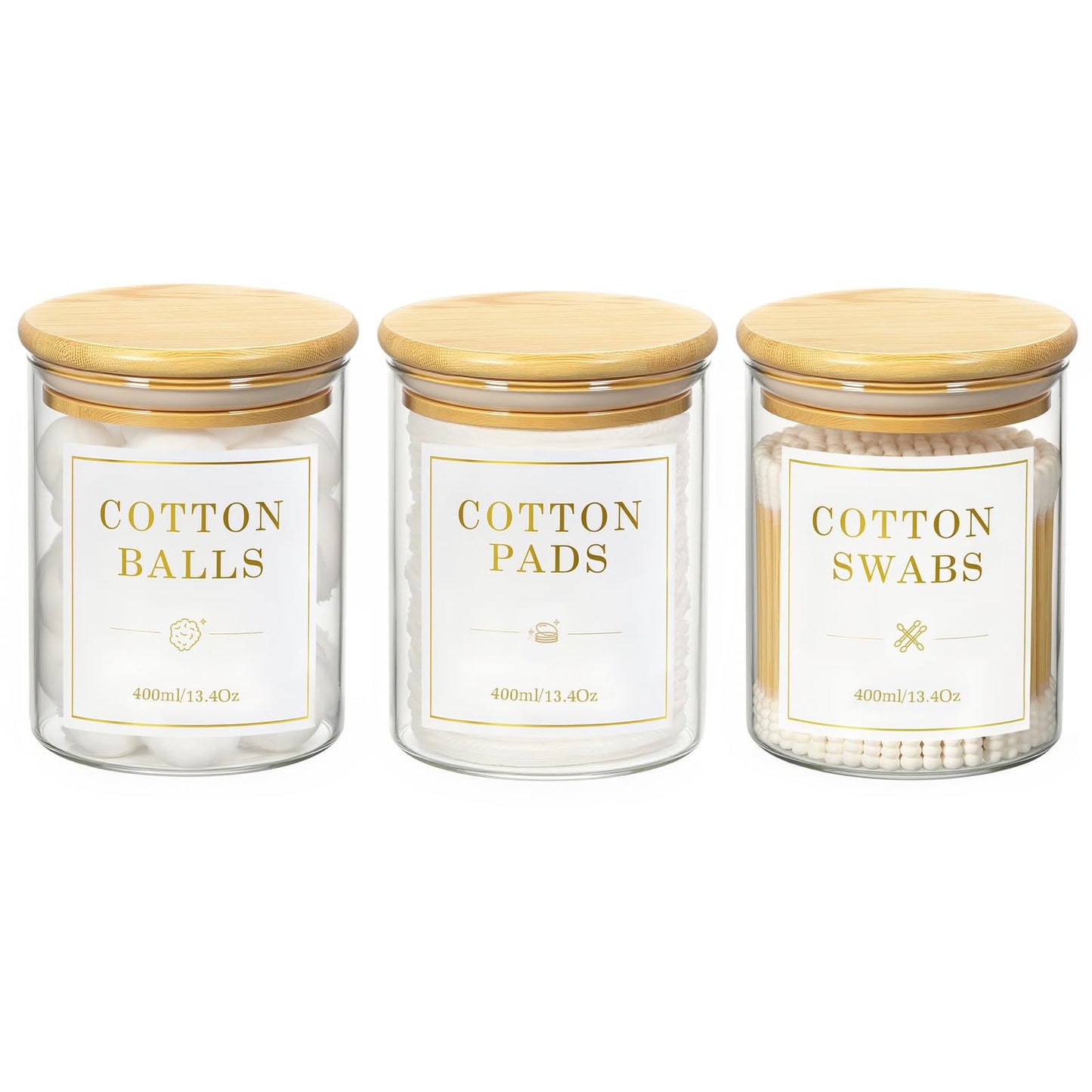 Luxspire 3 Pack Glass Qtip Holder Dispenser, 13.4 oz Cotton Swab Holder with Bamboo Lids, Glass Apothecary Jars Bathroom Accessories Canisters for Cotton Swabs, Balls, Pads, Floss Picks