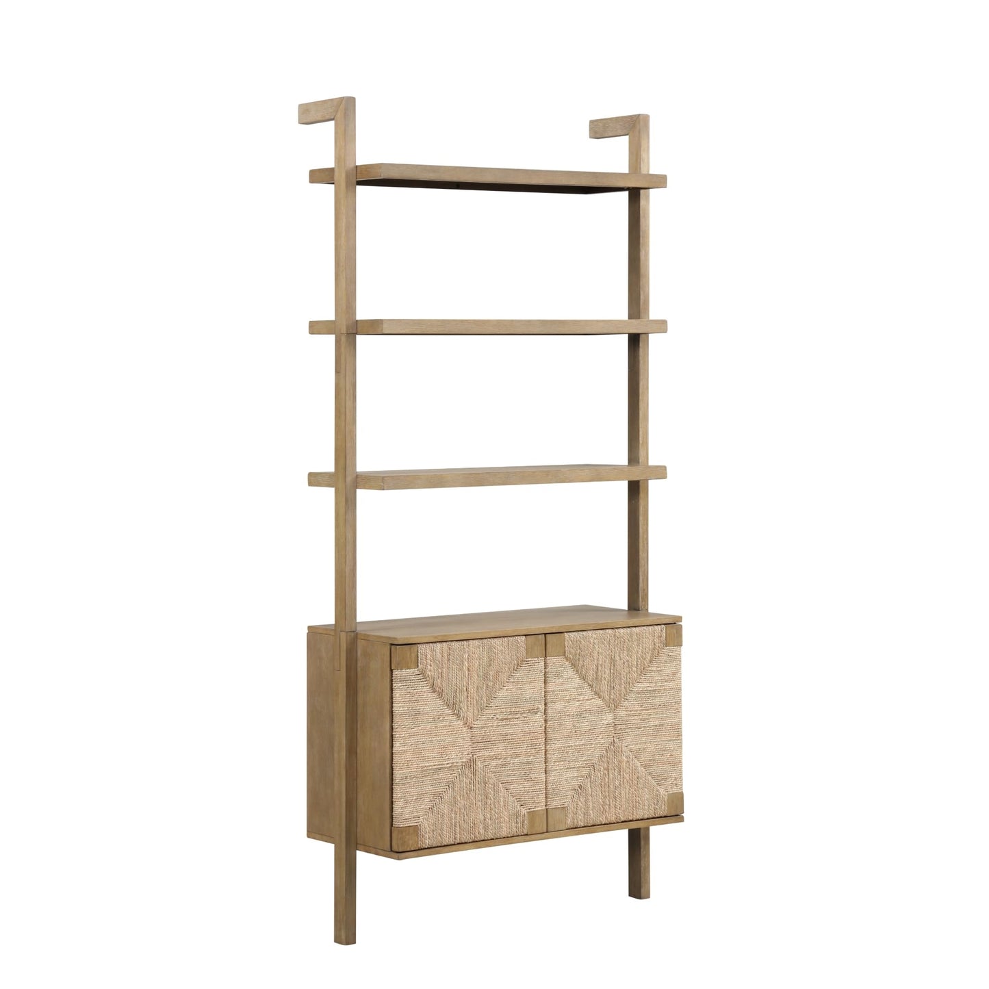 Nathan James Beacon 3-Shelf Solid Wood Bookshelf with Storage Cabinet, Bohemian Wall Mounted Shelf with Seagrass Door Fronts