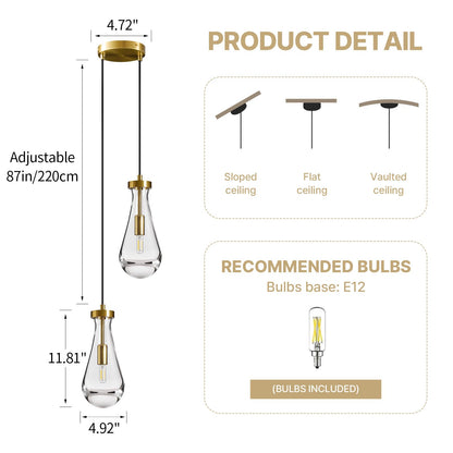 Raindrop Pendant Lights Kitchen Island: 2-Lights Crystal Teardrop Gold Pendant Light Fixture over Dining Table - Modern Glass Gold Rain Drop Ceiling Chandelier Bedroom Bathroom Breakfast Bar Lighting