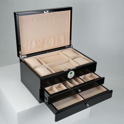 SYENS Jewelry Box with Fingerprint Lock, Black Wood Piano Lacquer Jewellery Organizer Storage Box with Drawer, 3-layer Full Lockable, for Women or Men's gift