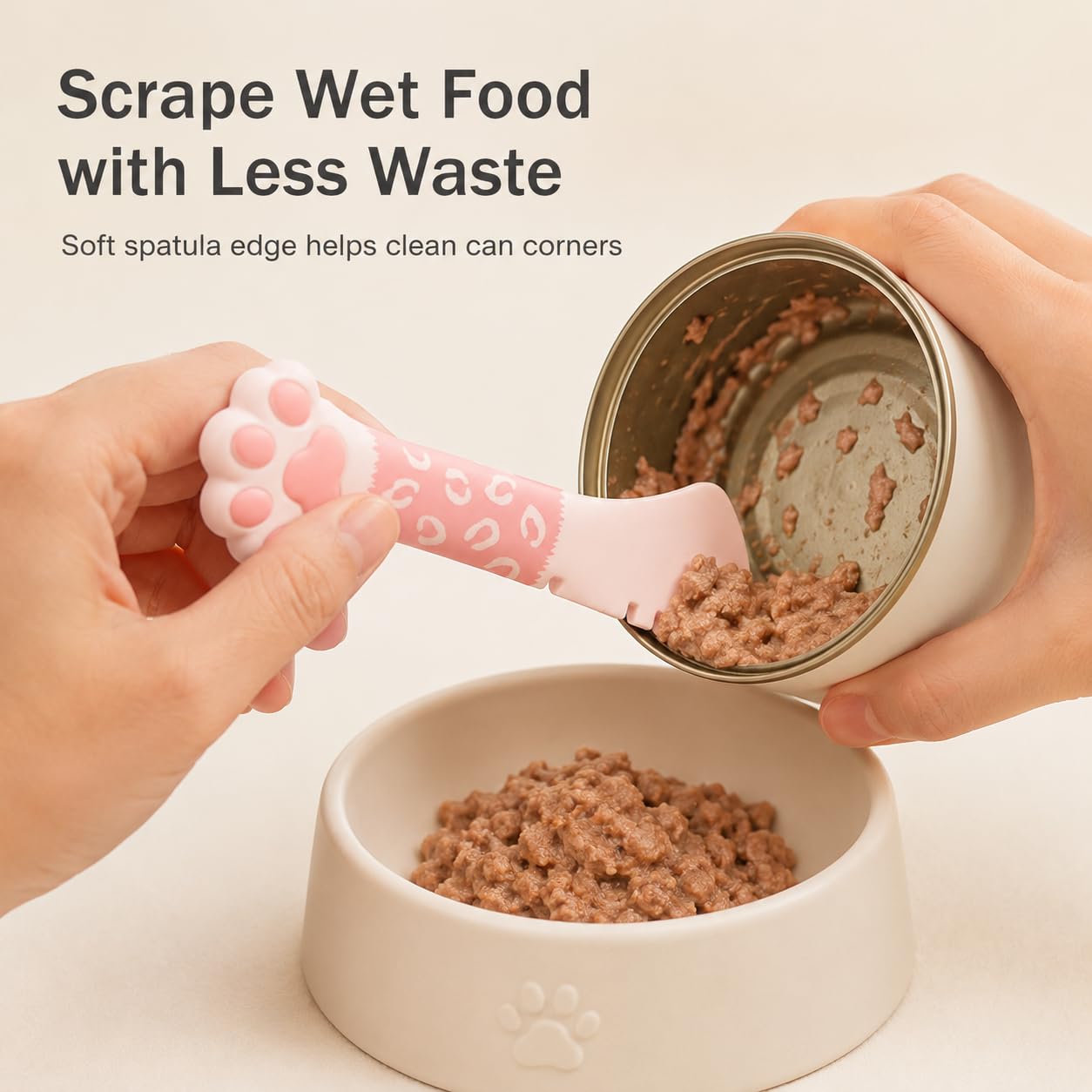 Meow&Woof Cat Food Scoop and Wet Food Spatula Set, 2-Piece Pet Food Measuring Scoop with Bag Clip, Approx. 1 Cup Dry Food Scooper & Silicone Can Spoon for Dogs and Cats, Pink
