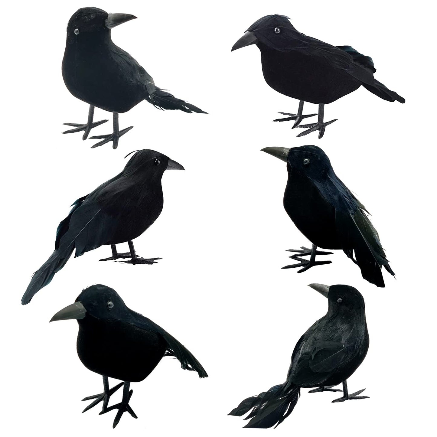 6 Pieces Halloween Black Feathered Crows - Realistic Handmade Ravens for Indoor Outdoor Decoration, 3 Styles