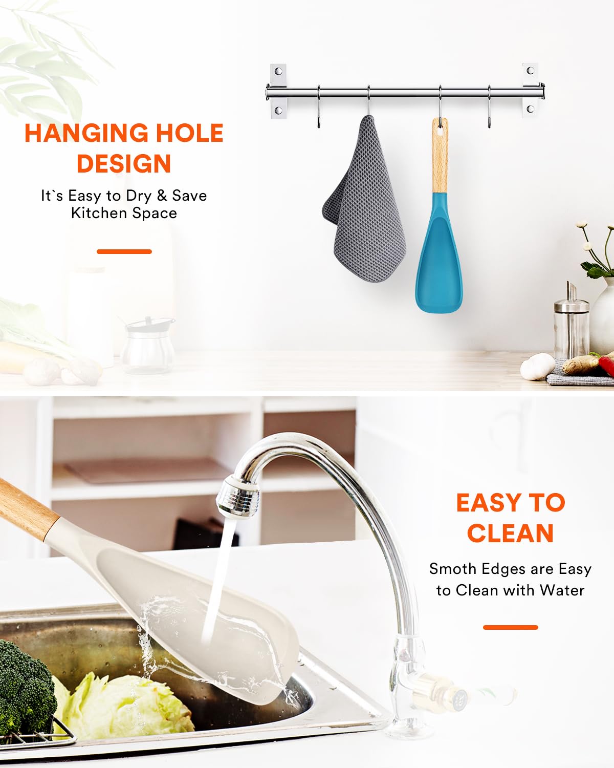 Cooking Spoon for Nonstick Cookwares, Great for Cooking and Serving Sturdy BPA-Free Matte Silicone, Wood Handle Spoon for Mixing, Scoop, and Scrape (Khaki & Turquoise, 11.4 inch)