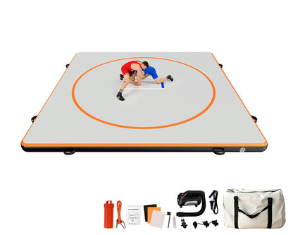 Specraft 10x10 FT Inflatable Wrestling Mat 4" Thick PVC Orange/Gray Waterproof Jiu Jitsu Mats for Jiu Jitsu, BJJ, MMA, Grappling & Water Yoga, Indoor/Outdoor, Includes Dust Bag & Repair Kit