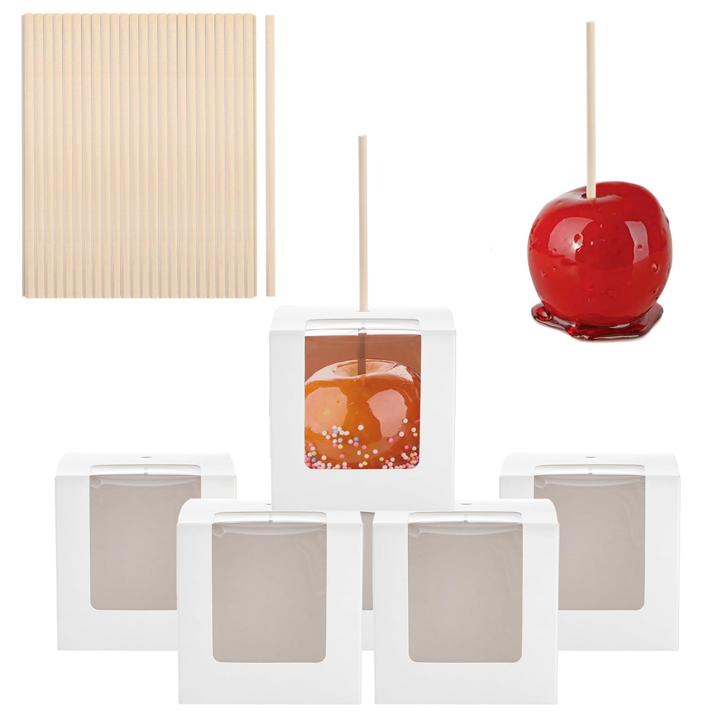 Frcctre 50 Pack White Kraft Candy Apple Boxes with Holes and Sticks, 4" x 4" x 4" Caramel Apple Box Gift Boxes Favor Boxes with Clear Window for Wedding Christmas Baby Shower Party Accessories
