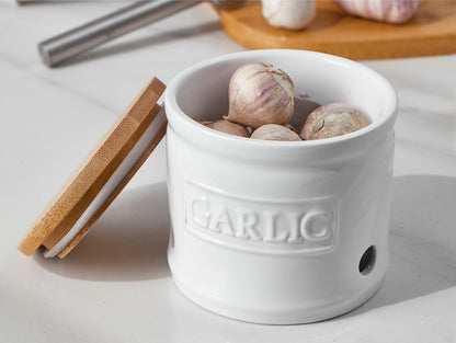 ONEMORE Garlic Keeper with Lid, Ceramic Garlic Saver 4 inch, White