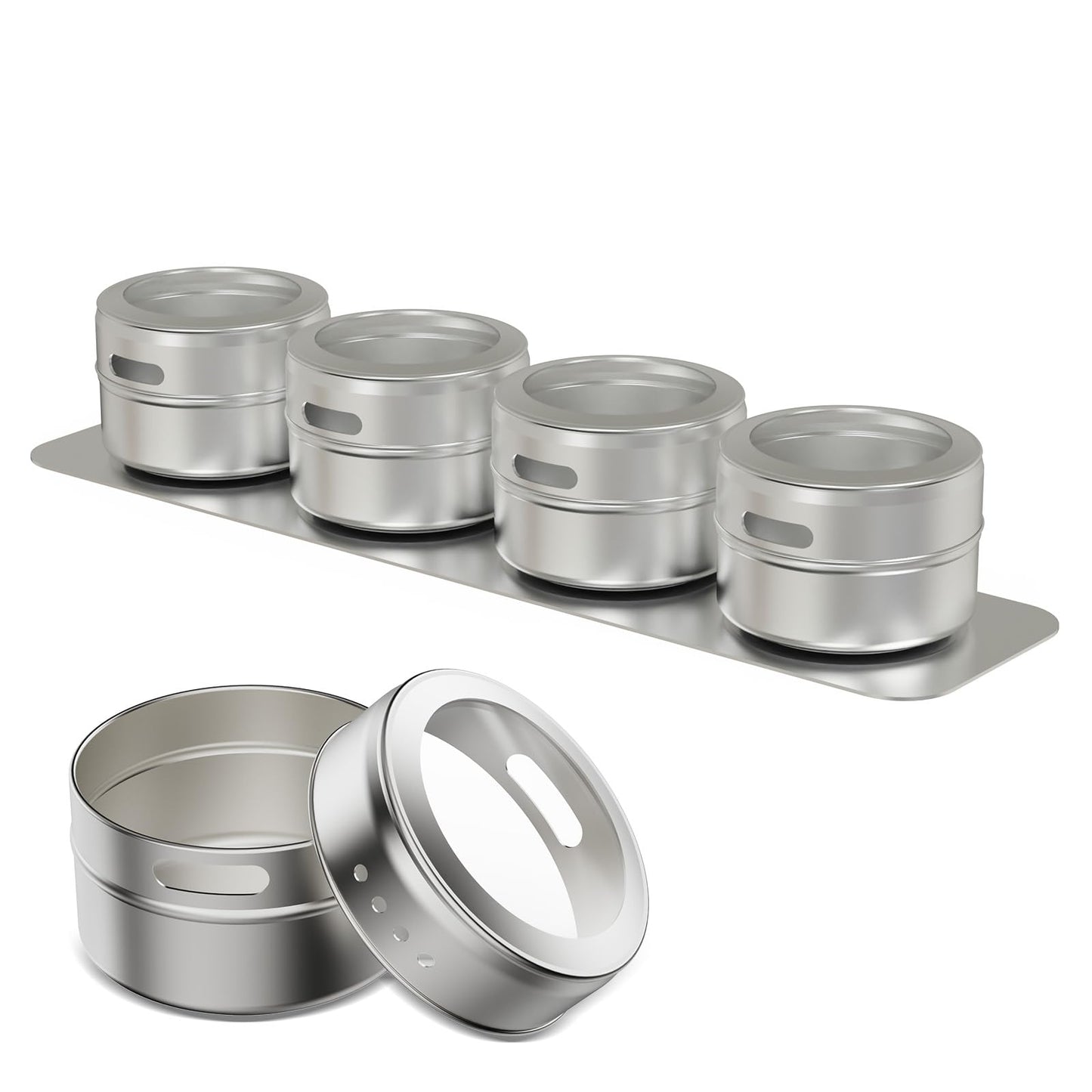 Vetacsion Set of 16 Magnetic Spice Tins with 4 Metal Wall-Plates,100 Preprinted Seasoning Label Stickers,2 Styles for 3 oz Herb Jars