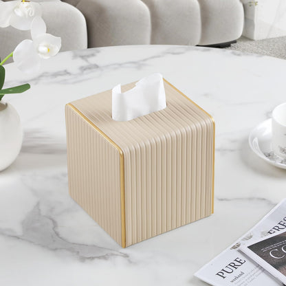 Square PU Leather Tissue Box Cover with Magnetic Closure, Decorative Tissue Holder & Storage Container for Bedroom, Living Room, Dining Room, Bathroom, Countertop, Desk & Office (Beige)