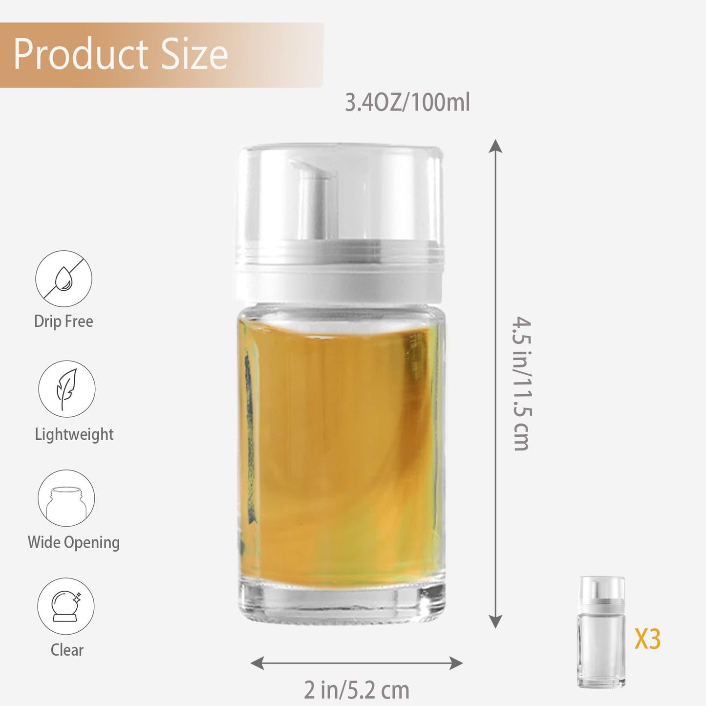 Kwude 3-Pack Leakproof Small Glass Oil and Vinegar Dispenser Bottles - Perfect for Kitchen Use - 3.38oz Each