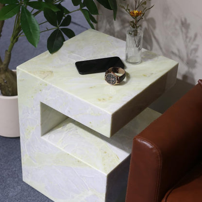 Natural Marble C-Shaped End Table, Luxurious Handmade Coffee Table Suitable for for Living Room Bedroom Bathroom Small Spaces, No Installation Marble Sofa Table for Modern Home Decor