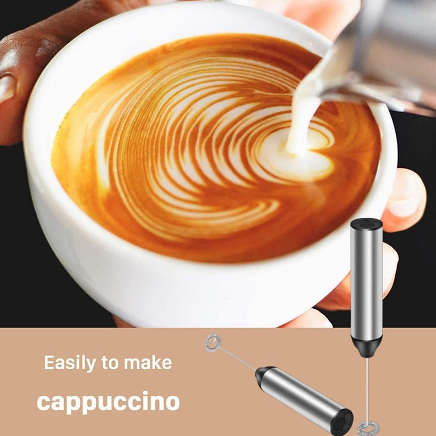 Powerful Handheld Milk Frother - Lightweight Electric Whisk with 2 Mixing Heads, Battery Operated Stainless Steel Mixer