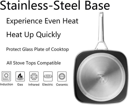 MsMk Square Grill Pan with Lid, 9.5 Inch Titanium and Ceramic Nonstick Grilling Skillet Pan，Stay-Cool Handle，Compatible with All Stovetops，PFOA Free，Dishwasher & Oven Safe，Indoor Chicken Skille
