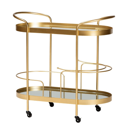 Baxton Studio Kamal Gold Finished Metal and Glass 2-Tier Mobile Wine Bar Cart