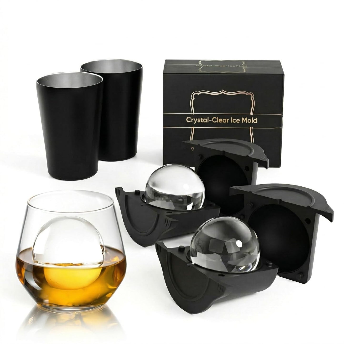 Clear Ice Cube Maker 2.5 Inch, Sphere Ice Ball Molds for Whiskey, Stainless Steel Clear Ice Mold with Non-BPA Silicone, Easy-Release Round Ice Cube Tray for Cocktails Bourbon (2 Pack, Black)