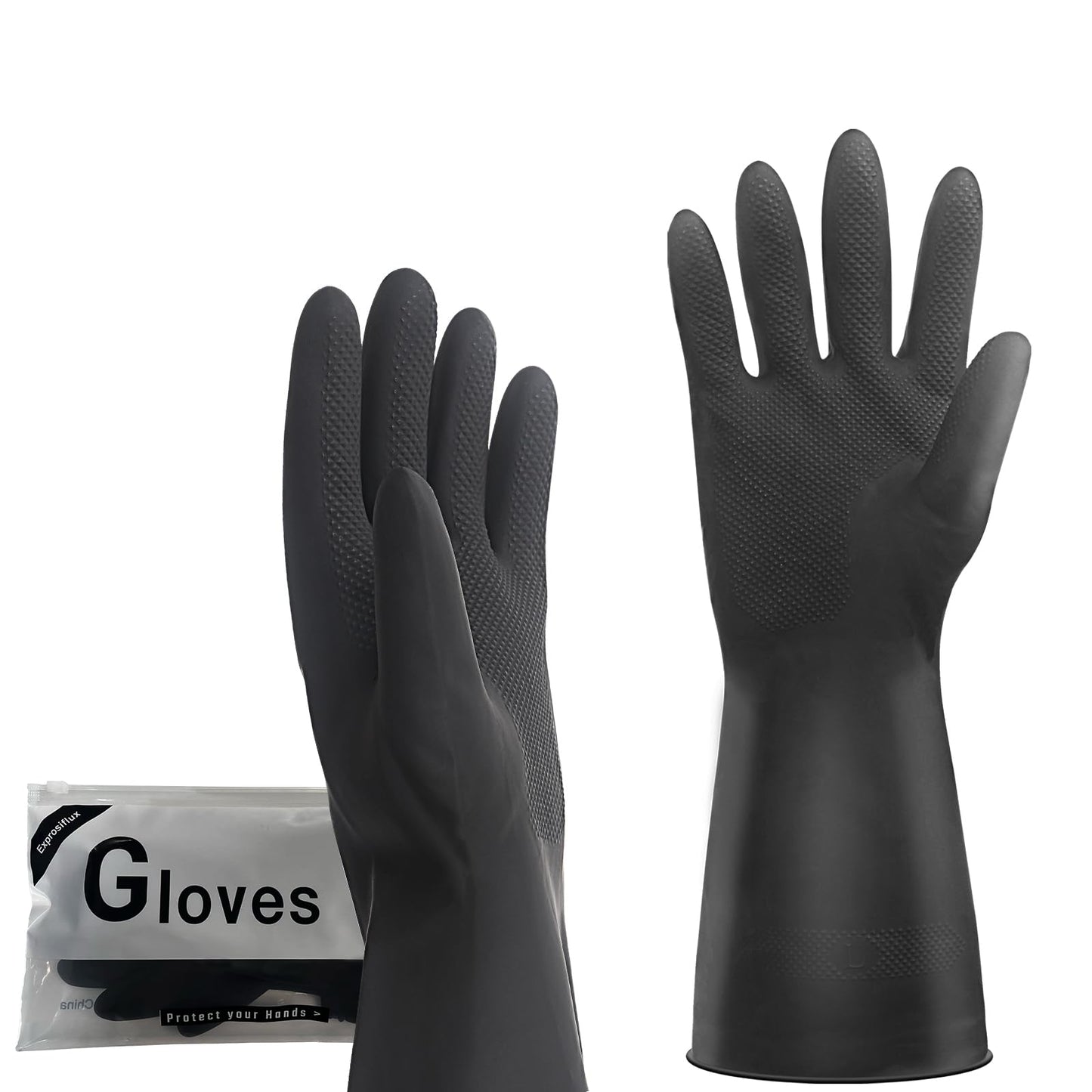 Exprosiflux Thick Rubber Cleaning Gloves - 3 Pairs Black Rubber Gloves for Dishwashing Large, Non-Slip Kitchen Gloves for Washing Dishes, Reusable Cleaning Gloves, Waterproof, Heavy-Duty (3P,L)