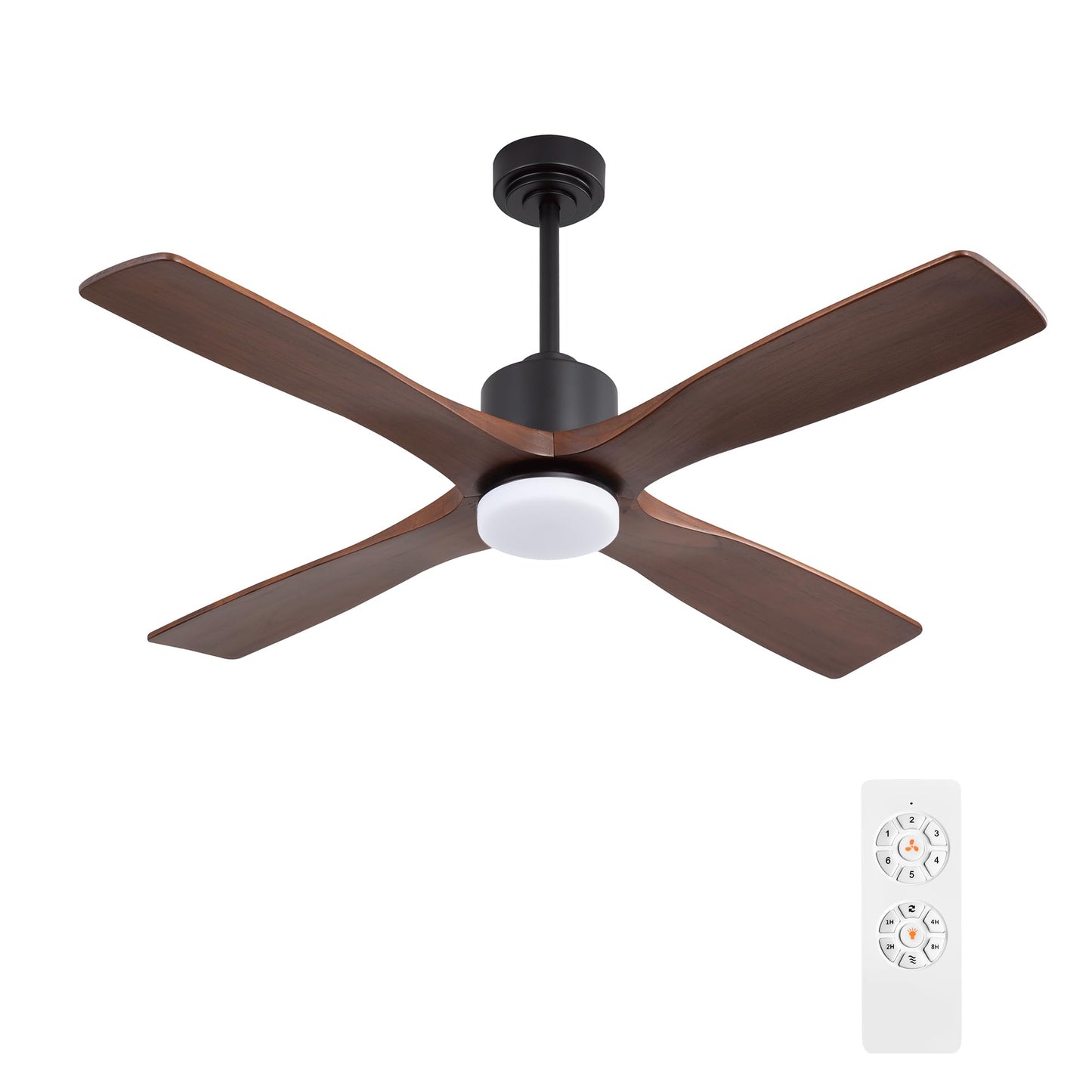 WINGBO 54 Inch DC Ceiling Fan with Lights and Remote Control, 4 Carved Solid Wood Blades, 6-Speed Noiseless Reversible DC Motor, Modern Ceiling Fan in Black Finish with Walnut Blades
