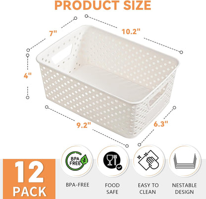 Plastic Storage Baskets - 12 Pack Organizing Bins with Handles & Labels for Home, Office, Closet
