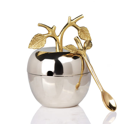 Silver Honey Jar Dish, Apple & Leaf Honey, Jam Server with Dipper Spoon Ideal for Serving Honey, Jams, Jellies, Gorgeous Gold Leaf Spoon, Stainless Steel & Brass, Everyday Rosh Hashanah & any Occasion