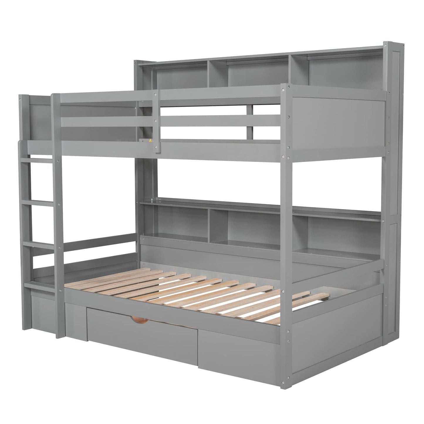 Ball & Cast Twin Over Twin Bunk Bed with Built-in Shelves Beside Both Upper and Down Bed & Storage Drawer, Twin Size Wooden Bunk Bed with Guardrails and Ladder for Kids,Teens,Adult,Gray
