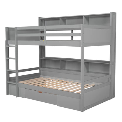 Ball & Cast Twin Over Twin Bunk Bed with Built-in Shelves Beside Both Upper and Down Bed & Storage Drawer, Twin Size Wooden Bunk Bed with Guardrails and Ladder for Kids,Teens,Adult,Gray