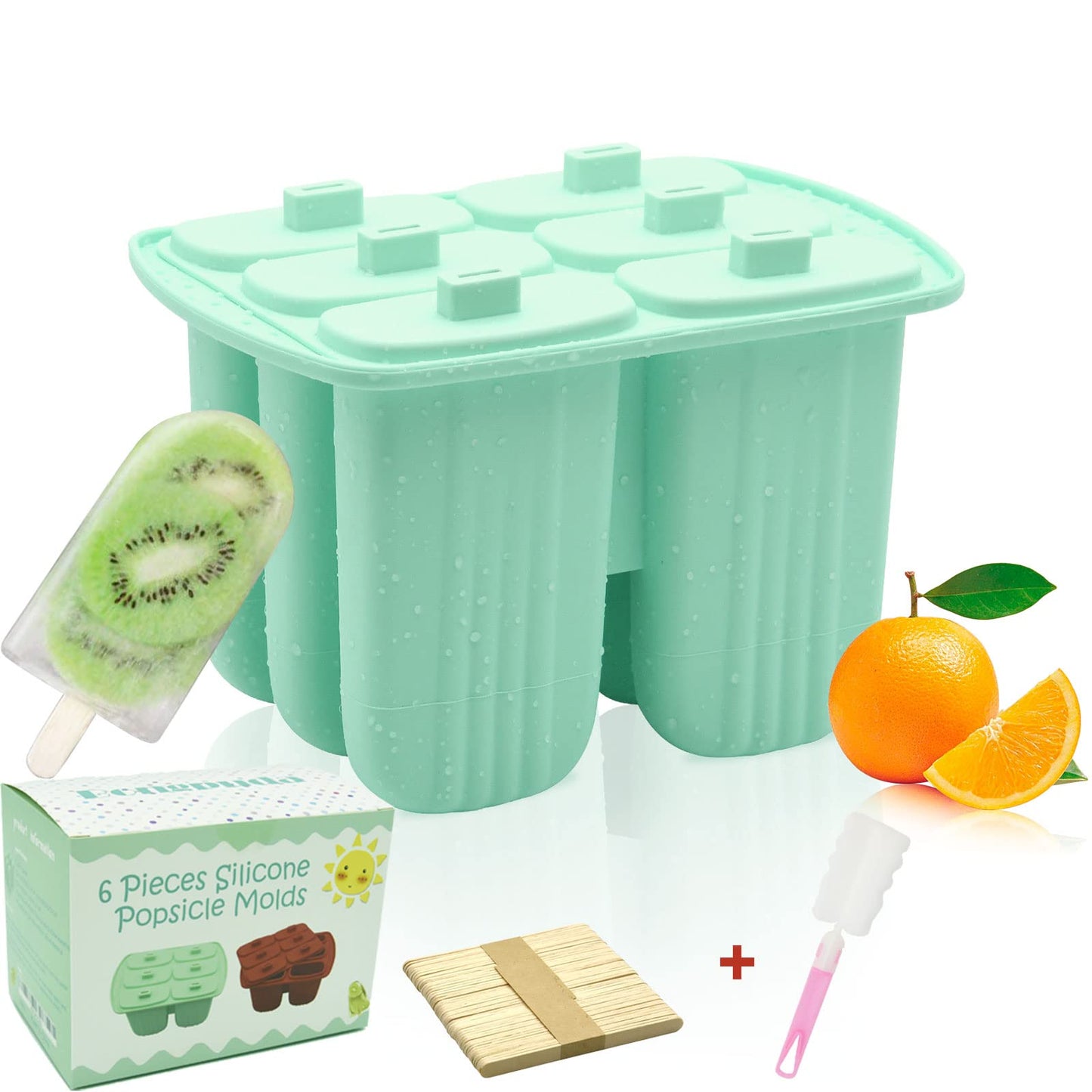 Bongpuda 6 Pieces Silicone Popsicle Molds,Easy-Release Bpa-Free,Ice Pop Mold,Ice Cream Molds For Kids,With 50 Pcs Popsicle Sticks+Cleaning Brush(Green）