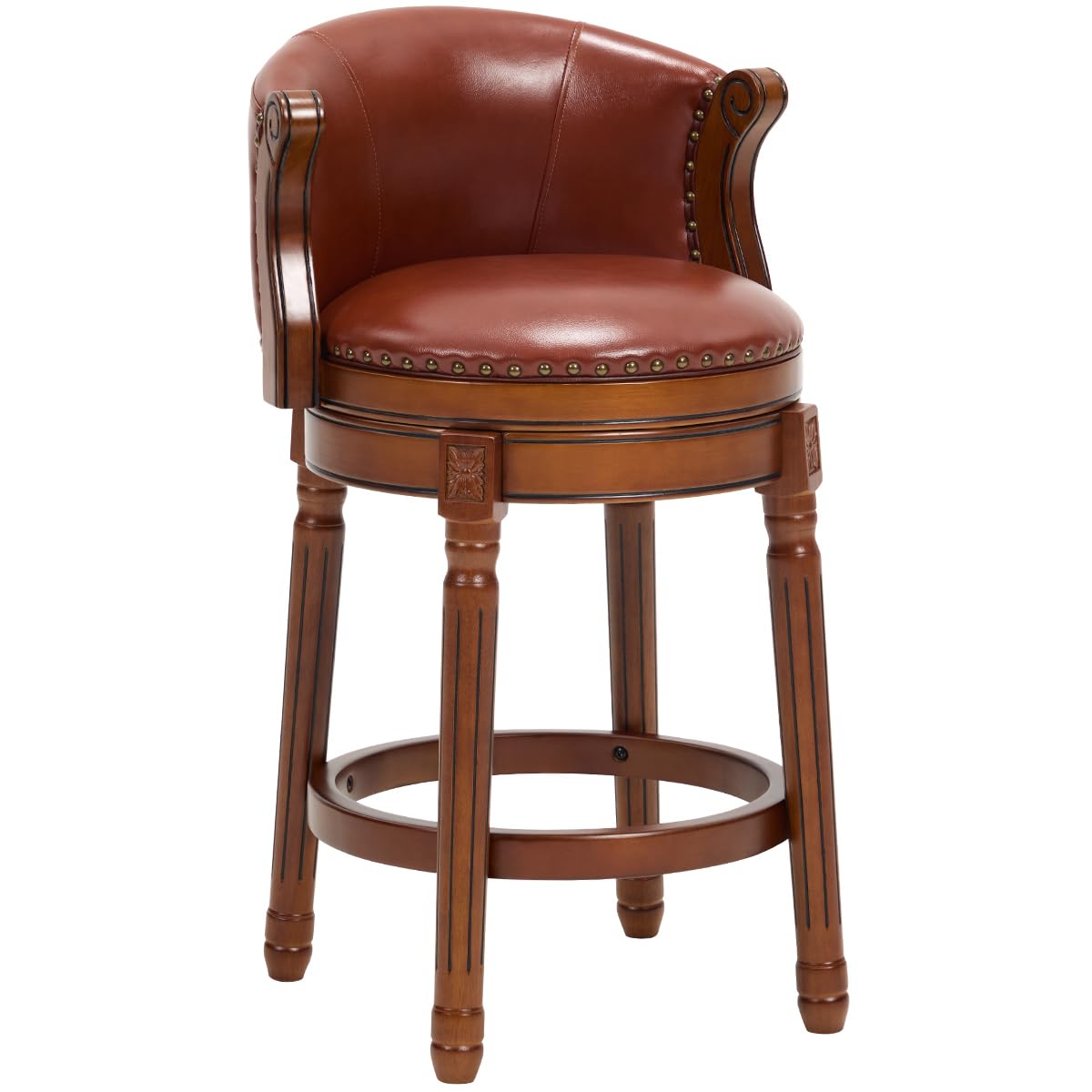GDFStudio Cow Top Leather Wood Bar Stool with Backrest, 360 Degree Swivel Counter Height Bar Stool, Upholstered Solid Wood Rustic Farmhouse Bar Chair for Kitchen Island Home Bar Dining, New Brown 26"