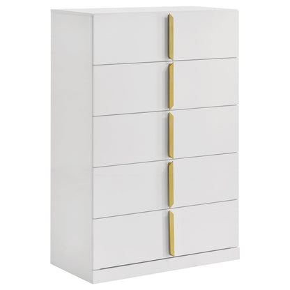 Coaster Home Furnishings - INES - Wood - 5-Drawer Chest with Vertical Gold Pulls, English Dovetail Joinery and Contemporary Design - Bedroom - White High Gloss - 223095