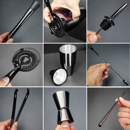 14-Piece Cocktail Shaker Set Bartender Kit with Black Stand, Bar Tool Set for Drink Mixing Bartending Kit Bar Sets Accessories: 750ml(25oz) Shaker, Jigger, Muddler, Cocktail Recipes (Black)
