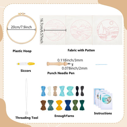 BEUNITONE 3PCS Landscape Punch Needle Kit for Adults Beginners, Complete Craft Kit Needlepoint Kits for Adults with Hoop, Punch Needle Starter Craft Set for Cloth Festival Gift and Home Decor 20X20CM