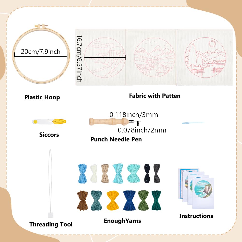 BEUNITONE 3PCS Landscape Punch Needle Kit for Adults Beginners, Complete Craft Kit Needlepoint Kits for Adults with Hoop, Punch Needle Starter Craft Set for Cloth Festival Gift and Home Decor 20X20CM