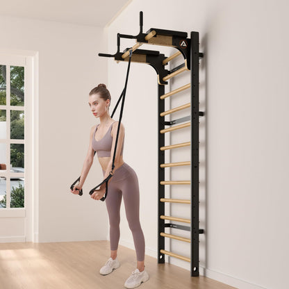 Swedish Ladder Pro, Wood Stall Bar with Push-Through Bar, Adjustable Pull-Up Dip Bar for Adults and Kids, Accessories Bundle, Spring, for Home, School, Physical Therapy and Gymnastics (40"x90“x26")