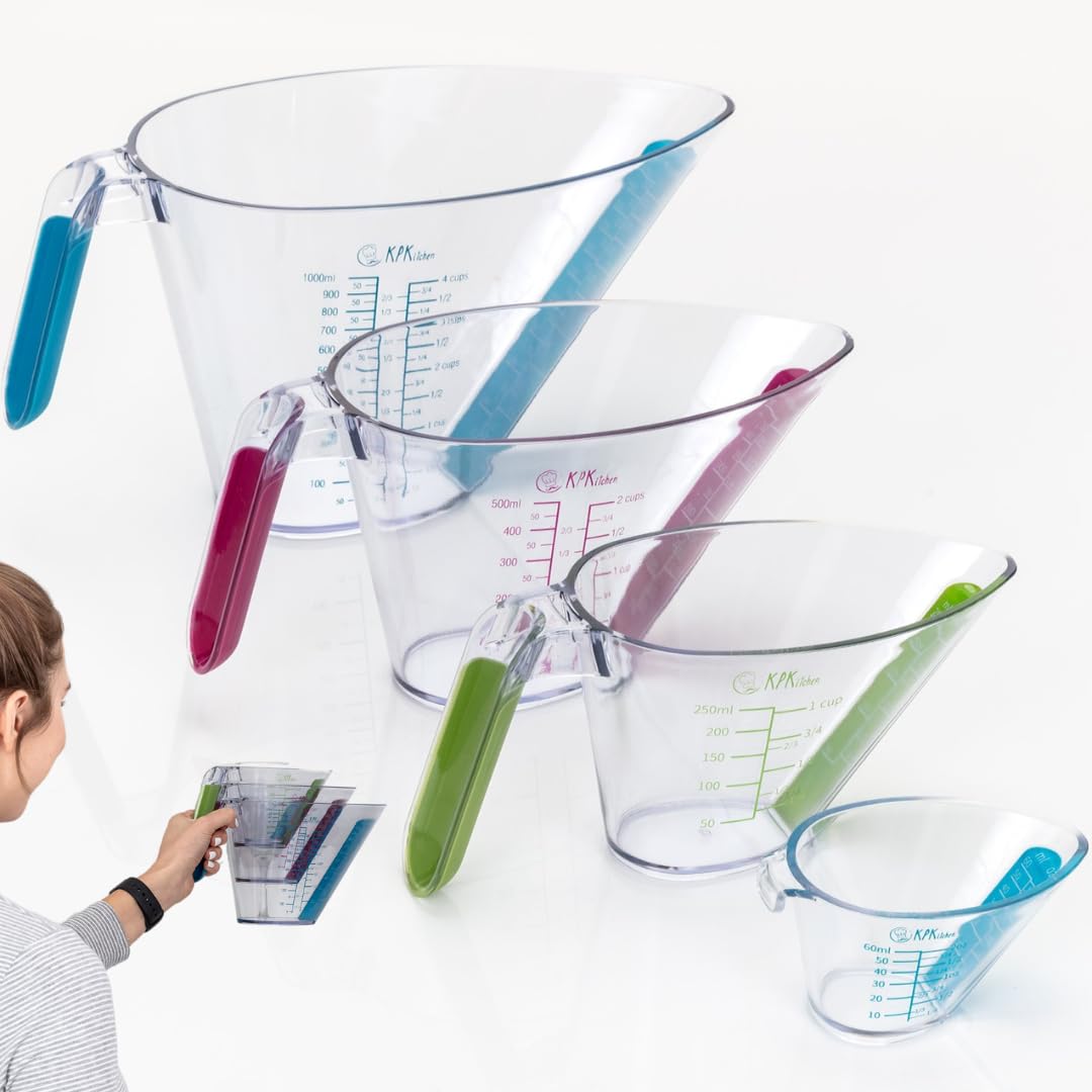 KPKitchen 4-Piece Angled Liquid Measuring Cups Plastic Set - BPA-Free Mini Oz, 1, 2 and 4 Plastic Measuring Cup Sizes - Measuring Cups For Liquids with ML & Cups Measures - Small & Large Measure Cup