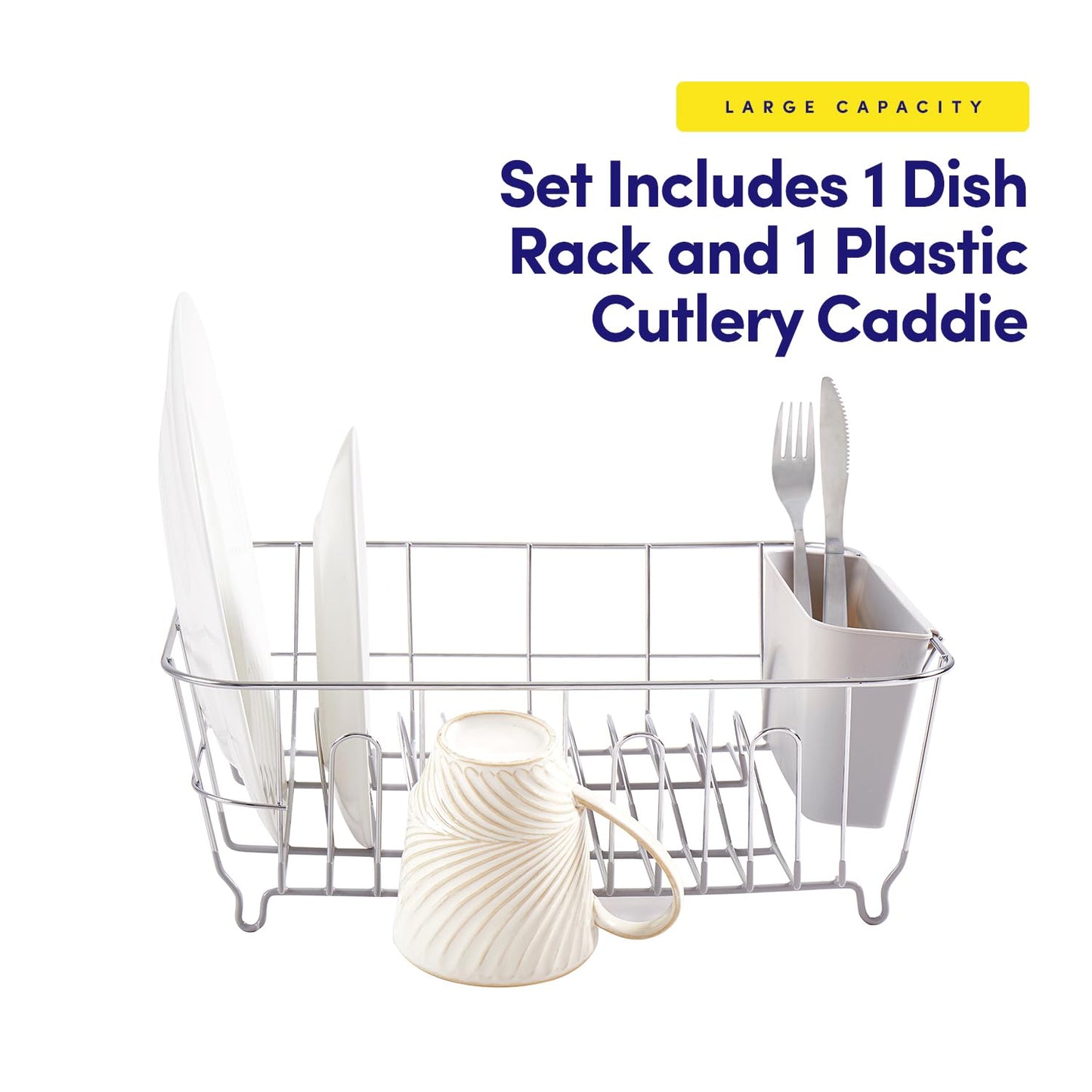 Dish Drying Rack & Cutlery Holder 2 Piece Set - Compact Sink-Fitting Dish Drainer with Rubberized Undercoating, Space-Saving Kitchen Organizer for Plates, Cups, Bowls & Utensils in Sink, Silver
