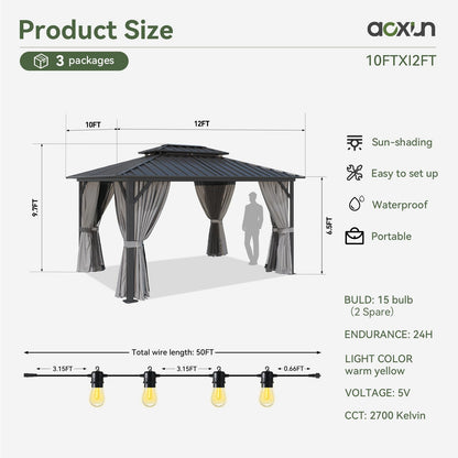 Aoxun 10'x12' Hardtop Gazebo, Aluminum Frame Canopy with Double Galvanized Steel Roof, Outdoor Metal Pavilion with Netting, and LED Outdoor Waterproof Hanging Lights