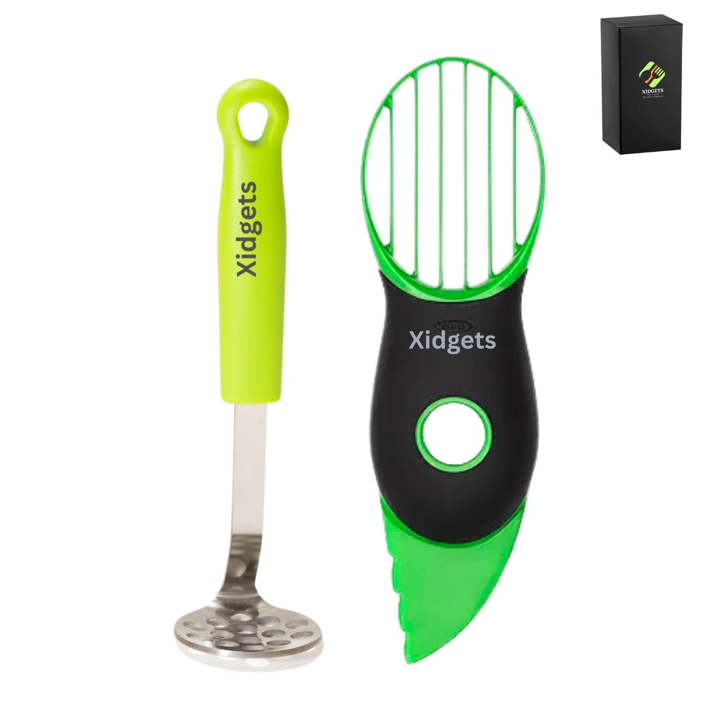 2pc Avocado Tool Set in Box - 3-in-1 Avocado Slicer with Cutter & Pit Remover + Mini Masher - Kitchen Utensil Gift Set for Guacamole Lovers by Xidgets (Zippy Green/Zippy Green)