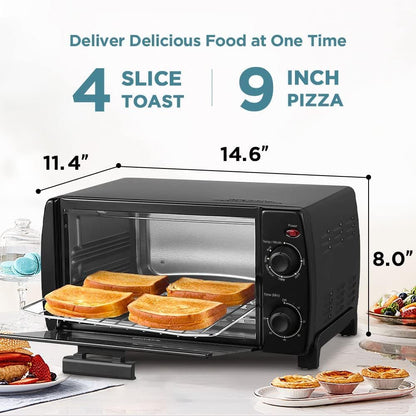 Dominion 4 Slice Toaster Oven Countertop, Retro Compact Design, Multi-Function, 1000 Watts, 30-Minute Timer, Black