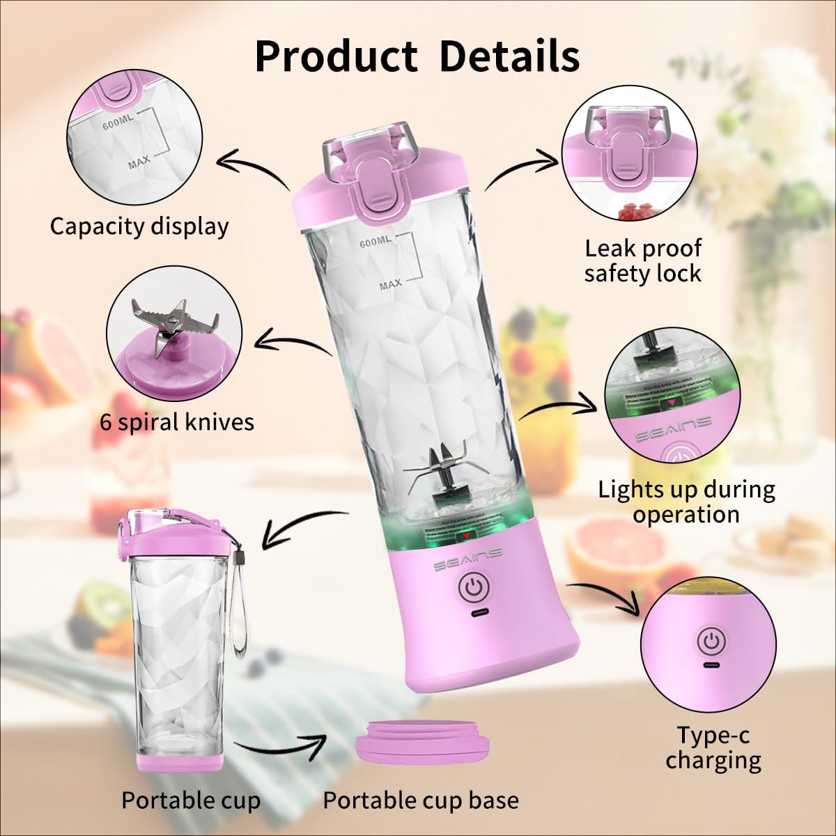 Portable Blender, Personal Blender for Shakes & Smoothies with 20 Oz Travel Cup, Mini Size Blender with 6 Blades, USB