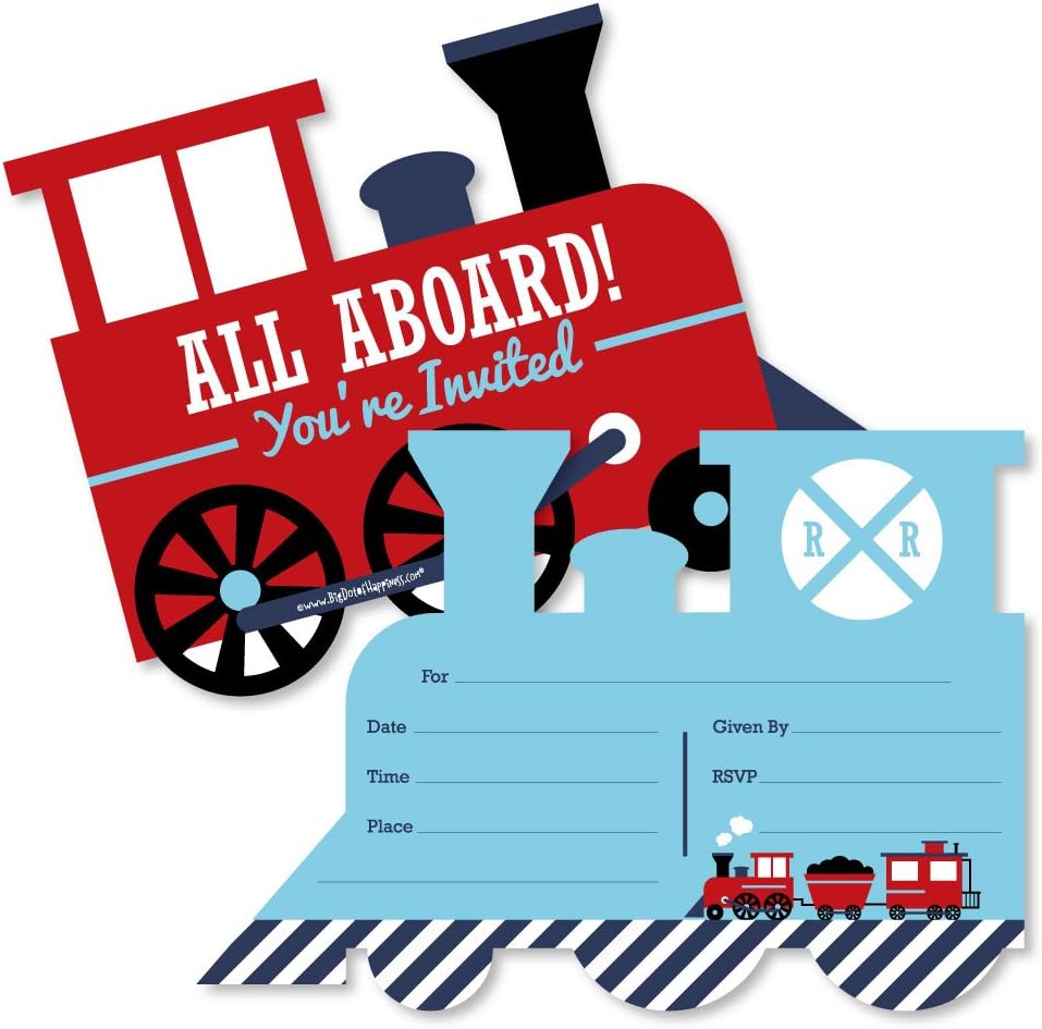 Set 12 Big Dot of Happiness Railroad Party Crossing - Shaped Fill-In Invitations - Steam Train Birthday Party or Baby